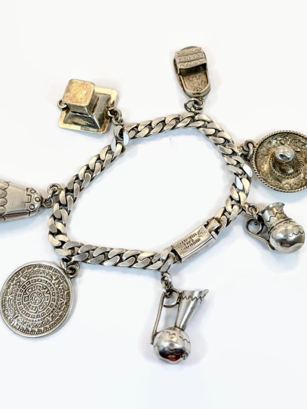 Vintage, Sterling Silver, Charm Bracelet, Mexican Theme 7 Charms Hench En Mexico
